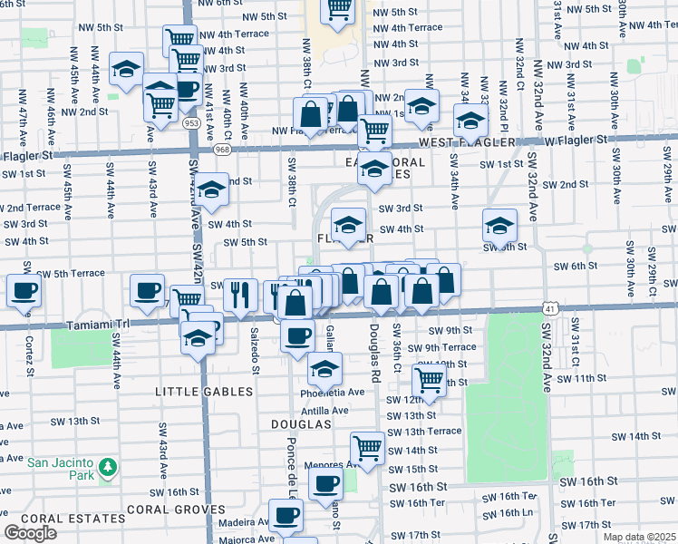 map of restaurants, bars, coffee shops, grocery stores, and more near 513 Ponce de Leon in Coral Gables