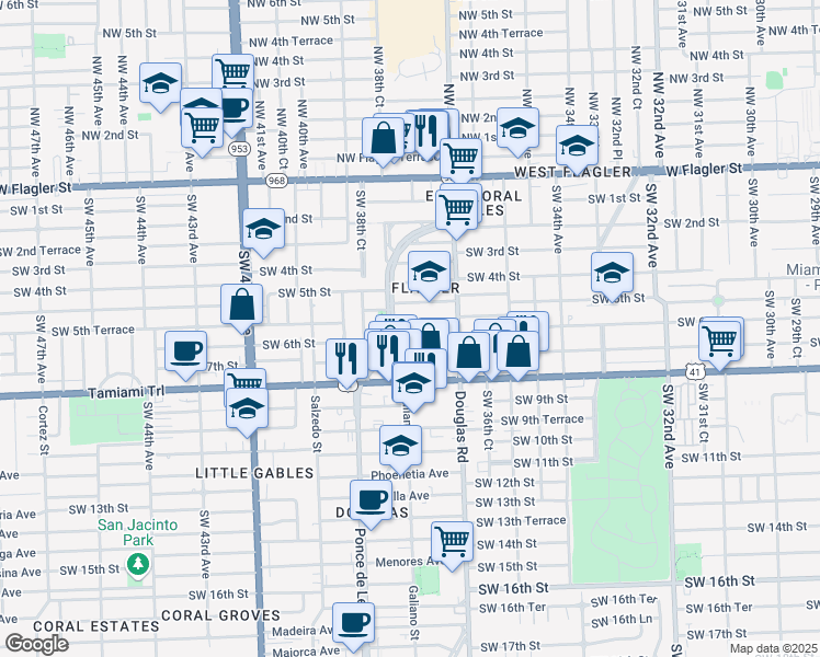 map of restaurants, bars, coffee shops, grocery stores, and more near 513 Ponce de Leon in Coral Gables