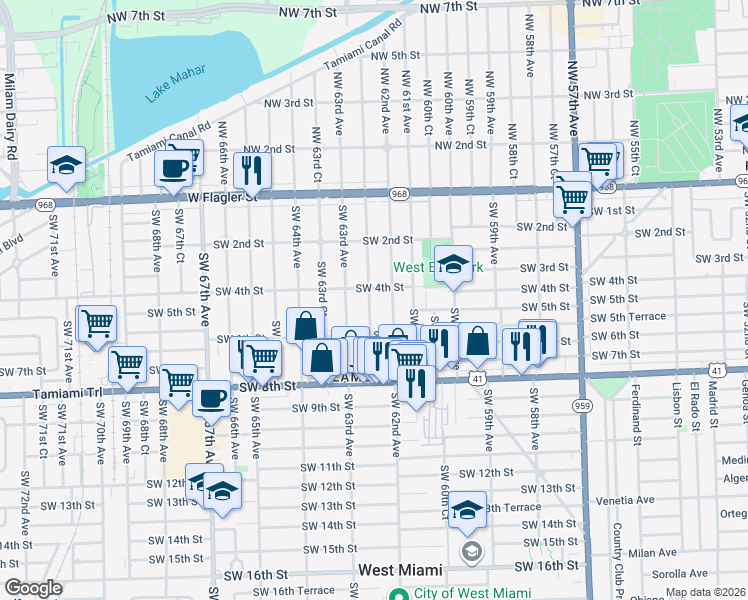 map of restaurants, bars, coffee shops, grocery stores, and more near 6225 Southwest 4th Street in Miami