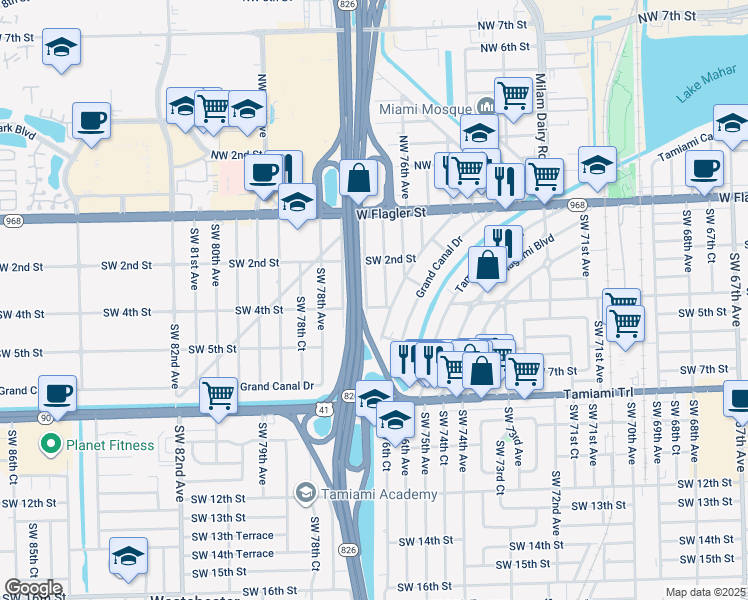 map of restaurants, bars, coffee shops, grocery stores, and more near 312 Southwest 76th Court in Miami