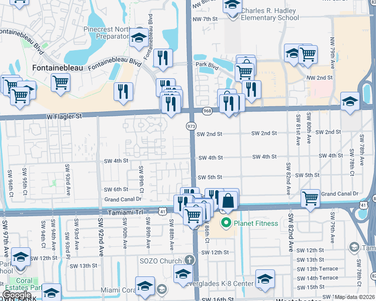 map of restaurants, bars, coffee shops, grocery stores, and more near 8739 Southwest 3rd Street in Miami