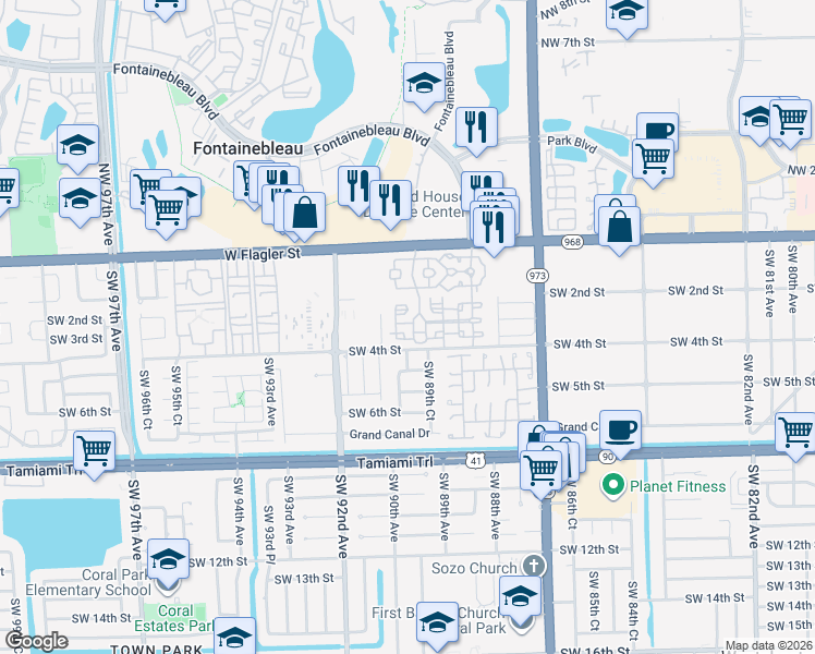 map of restaurants, bars, coffee shops, grocery stores, and more near 8976 West Flagler Street in Miami