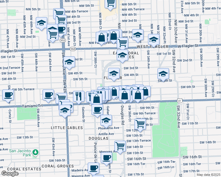 map of restaurants, bars, coffee shops, grocery stores, and more near 513 Ponce de Leon in Coral Gables