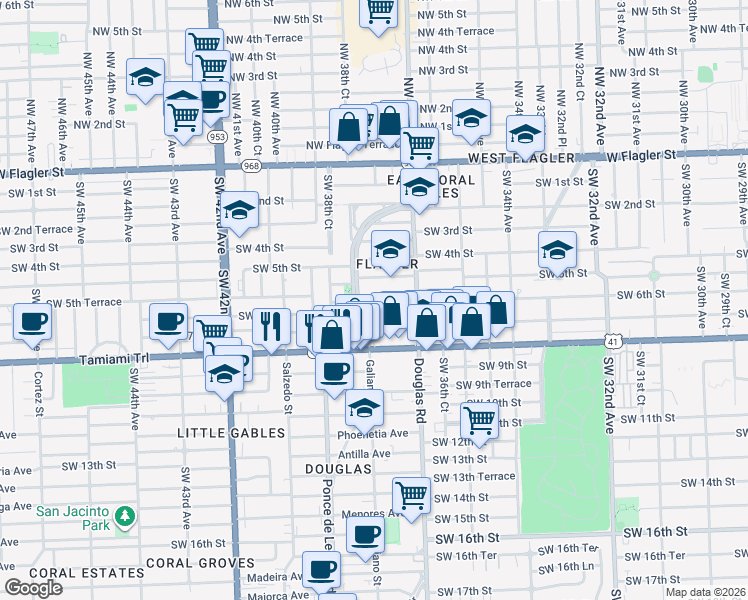 map of restaurants, bars, coffee shops, grocery stores, and more near 513 Ponce de Leon in Coral Gables