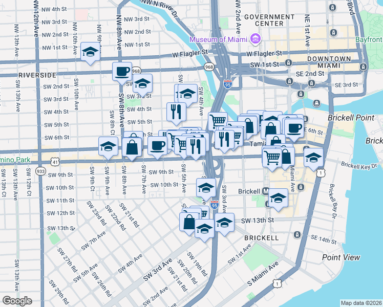 map of restaurants, bars, coffee shops, grocery stores, and more near 449 Southwest 8th Street in Miami