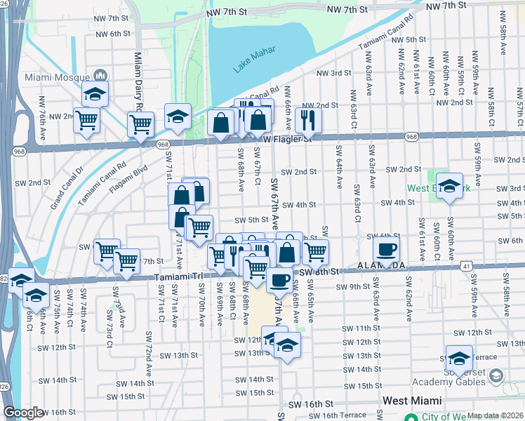 map of restaurants, bars, coffee shops, grocery stores, and more near 6771 Southwest 4th Street in Miami