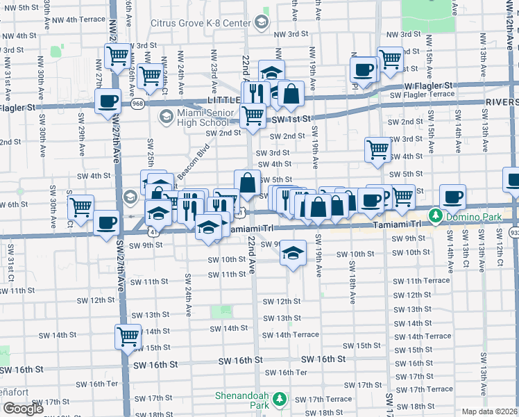 map of restaurants, bars, coffee shops, grocery stores, and more near 2144 Southwest 6th Street in Miami