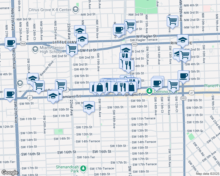 map of restaurants, bars, coffee shops, grocery stores, and more near 619 Southwest 18th Avenue in Miami