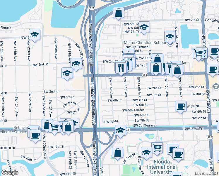 map of restaurants, bars, coffee shops, grocery stores, and more near 160 Southwest 115th Avenue in Miami