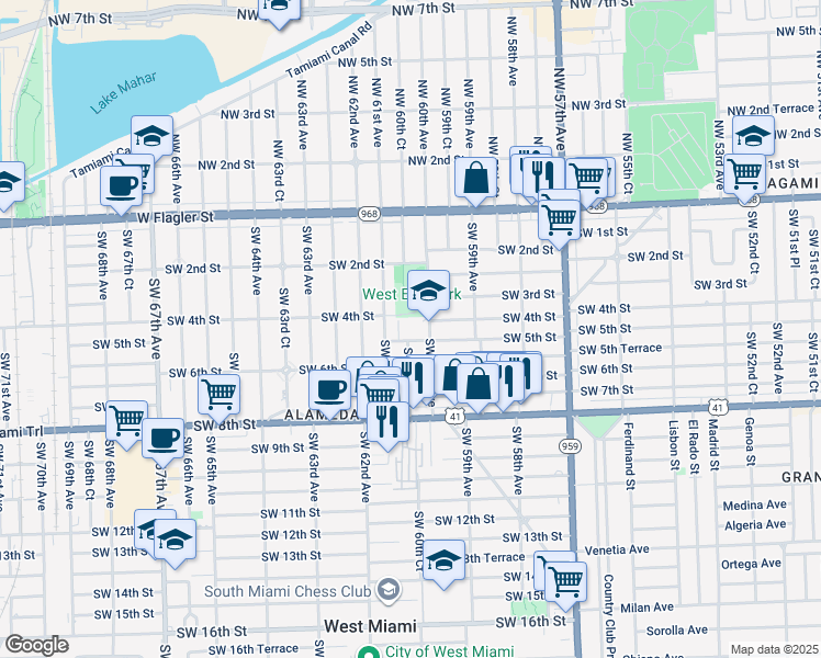 map of restaurants, bars, coffee shops, grocery stores, and more near 444 Southwest 60th Avenue in Miami
