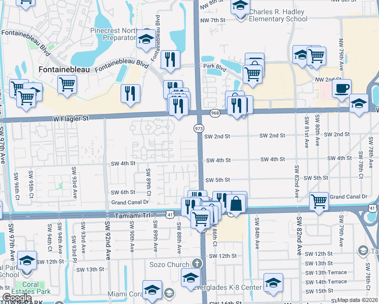 map of restaurants, bars, coffee shops, grocery stores, and more near 8739 Southwest 3rd Street in Miami