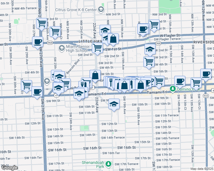 map of restaurants, bars, coffee shops, grocery stores, and more near 638 Southwest 21st Avenue in Miami