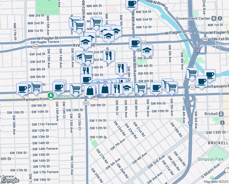 map of restaurants, bars, coffee shops, grocery stores, and more near 991 Southwest 7th Street in Miami