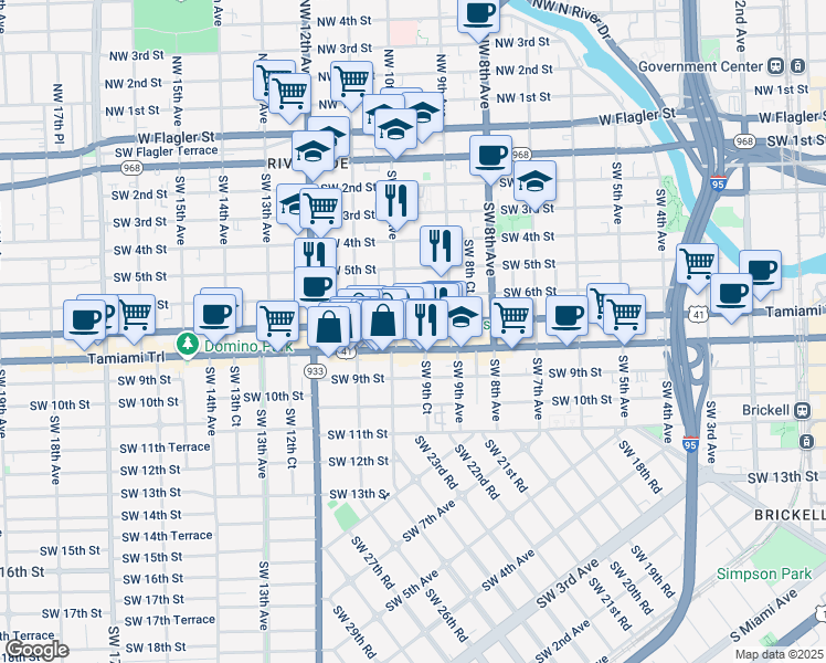 map of restaurants, bars, coffee shops, grocery stores, and more near 991 Southwest 7th Street in Miami