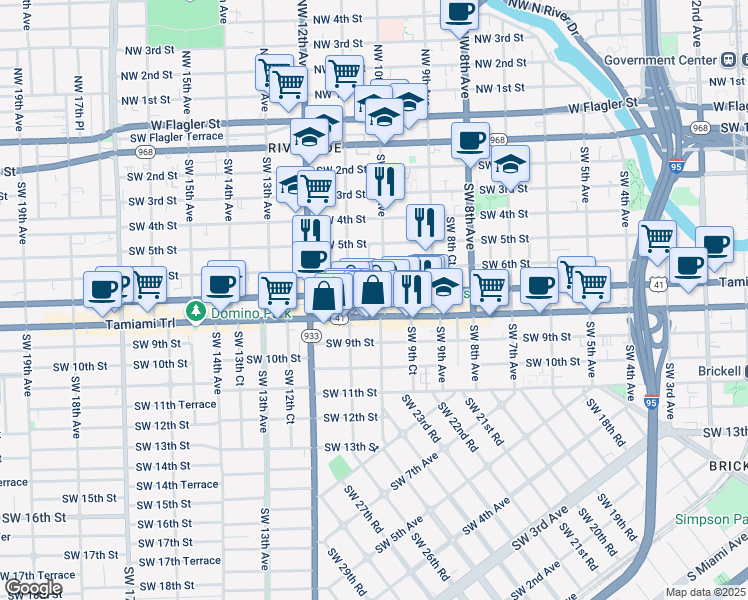 map of restaurants, bars, coffee shops, grocery stores, and more near 991 Southwest 7th Street in Miami