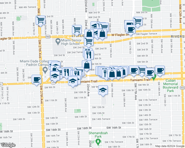 map of restaurants, bars, coffee shops, grocery stores, and more near 2144 Southwest 6th Street in Miami