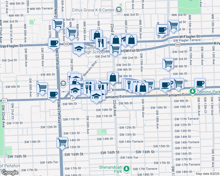 map of restaurants, bars, coffee shops, grocery stores, and more near 2264 Southwest 6th Street in Miami