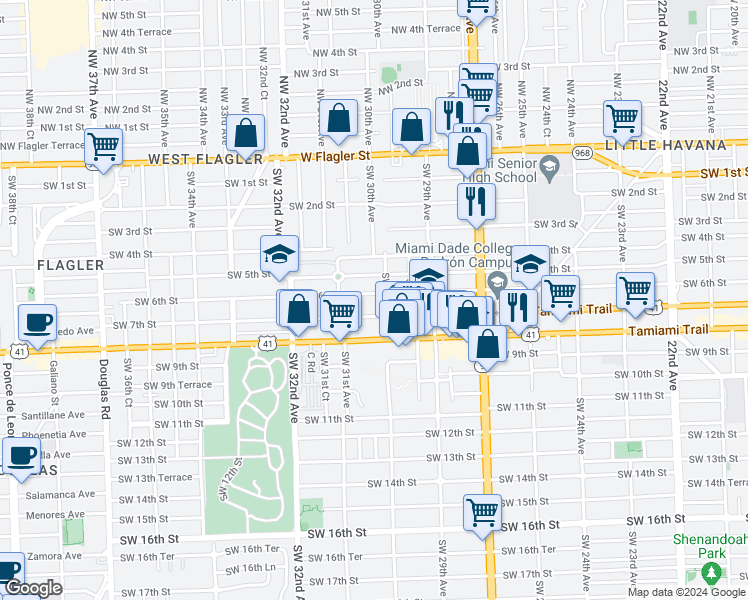 map of restaurants, bars, coffee shops, grocery stores, and more near 3039 Southwest 6th Street in Miami