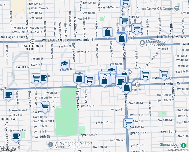 map of restaurants, bars, coffee shops, grocery stores, and more near 3039 Southwest 6th Street in Miami