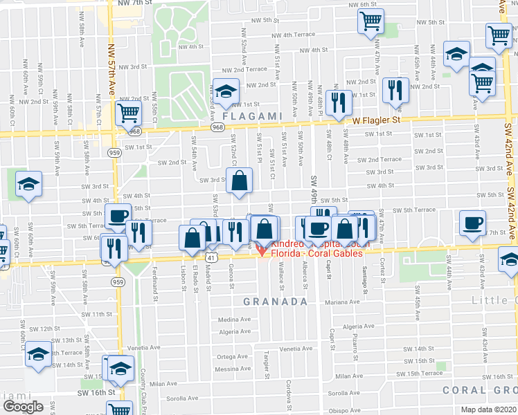 map of restaurants, bars, coffee shops, grocery stores, and more near 5151 Southwest 5th Street in Coral Gables