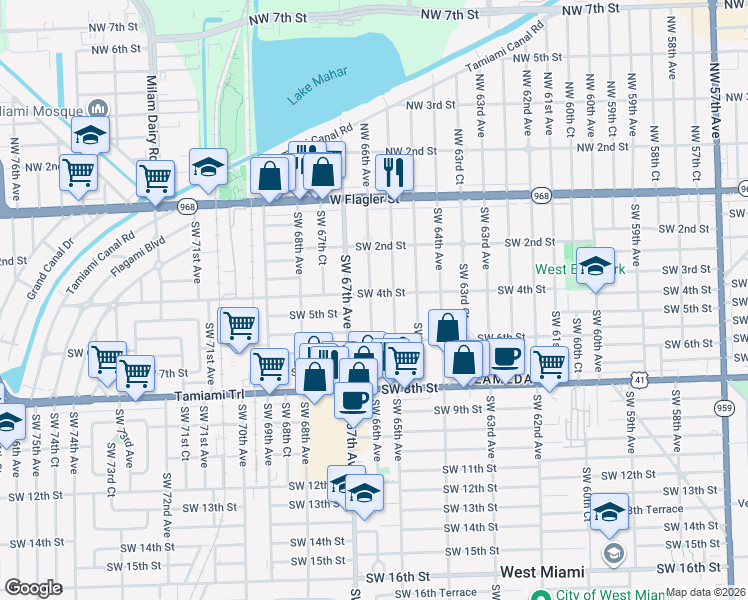 map of restaurants, bars, coffee shops, grocery stores, and more near 6521 Southwest 4th Street in Miami
