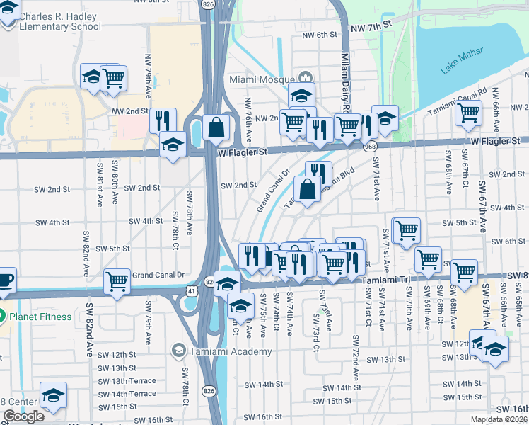 map of restaurants, bars, coffee shops, grocery stores, and more near 335 Grand Canal Drive in Miami