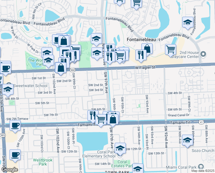 map of restaurants, bars, coffee shops, grocery stores, and more near 9713 Southwest 2nd Street in Miami