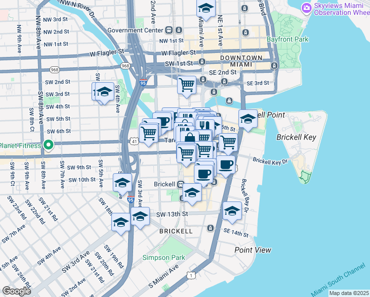 map of restaurants, bars, coffee shops, grocery stores, and more near 88 Southwest 7th Street in Miami