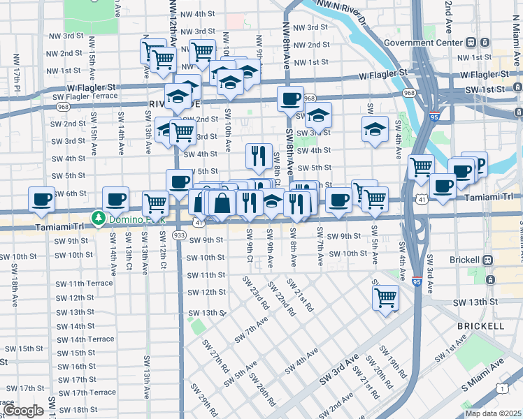 map of restaurants, bars, coffee shops, grocery stores, and more near 900 Southwest 7th Street in Miami