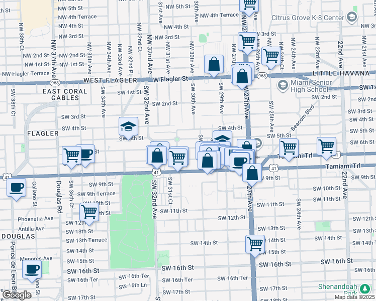 map of restaurants, bars, coffee shops, grocery stores, and more near 3039 Southwest 6th Street in Miami