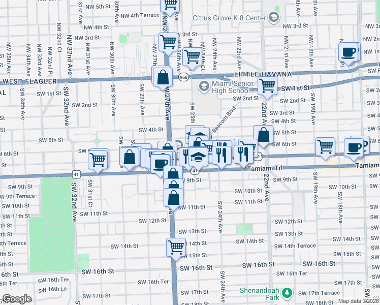 map of restaurants, bars, coffee shops, grocery stores, and more near 2491 Southwest 6th Street in Miami