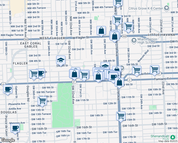 map of restaurants, bars, coffee shops, grocery stores, and more near 3039 Southwest 6th Street in Miami