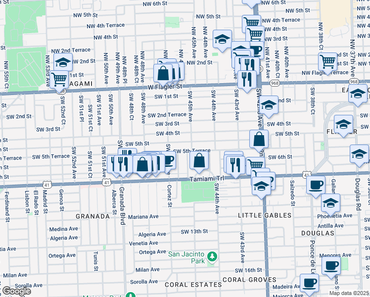 map of restaurants, bars, coffee shops, grocery stores, and more near 4490 Southwest 5th Street in Miami