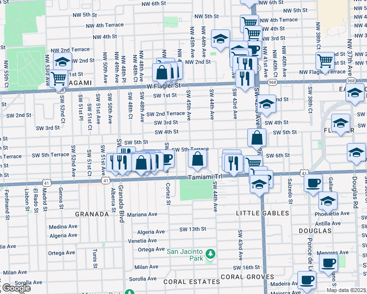 map of restaurants, bars, coffee shops, grocery stores, and more near 4521 Southwest 5th Terrace in Coral Gables