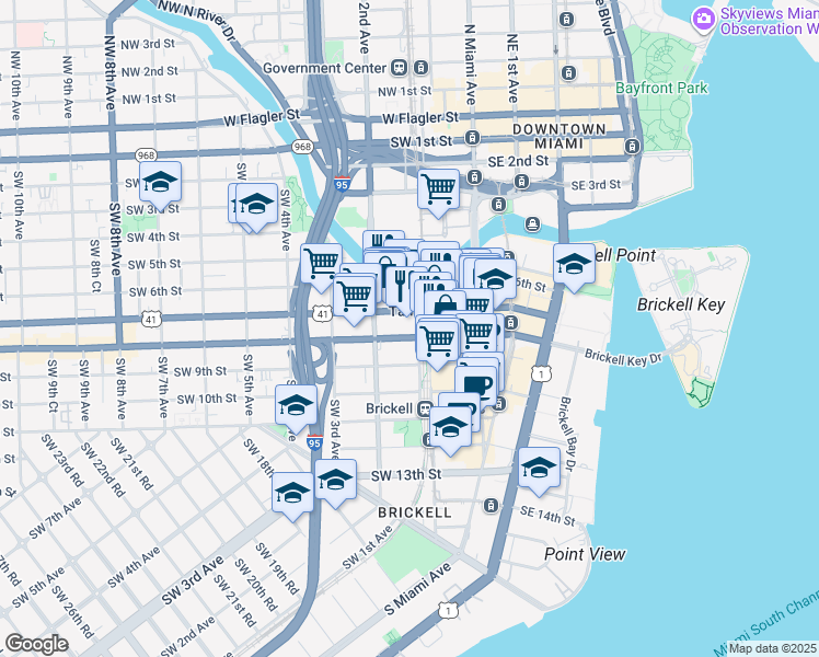 map of restaurants, bars, coffee shops, grocery stores, and more near 102 Southwest 7th Street in Miami