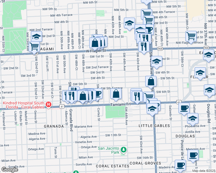 map of restaurants, bars, coffee shops, grocery stores, and more near 4521 Southwest 5th Terrace in Miami