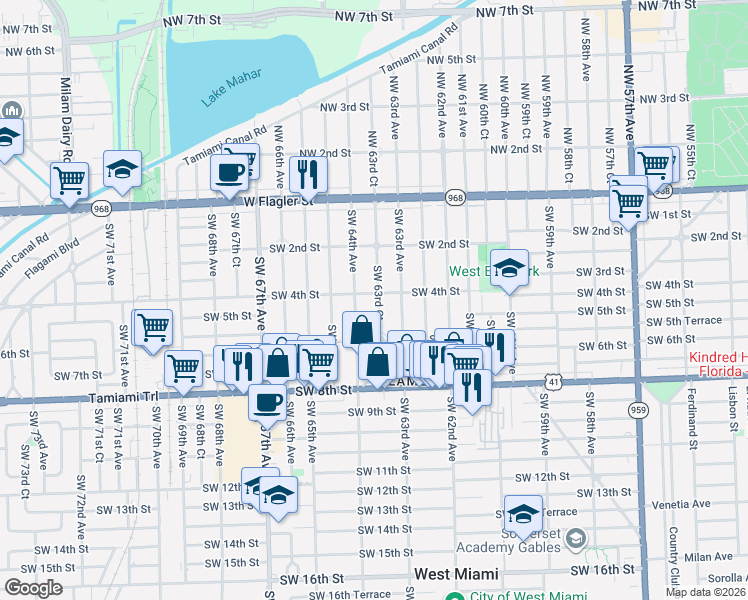 map of restaurants, bars, coffee shops, grocery stores, and more near 6381 Southwest 4th Street in Miami