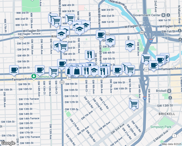 map of restaurants, bars, coffee shops, grocery stores, and more near 900 Southwest 7th Street in Miami