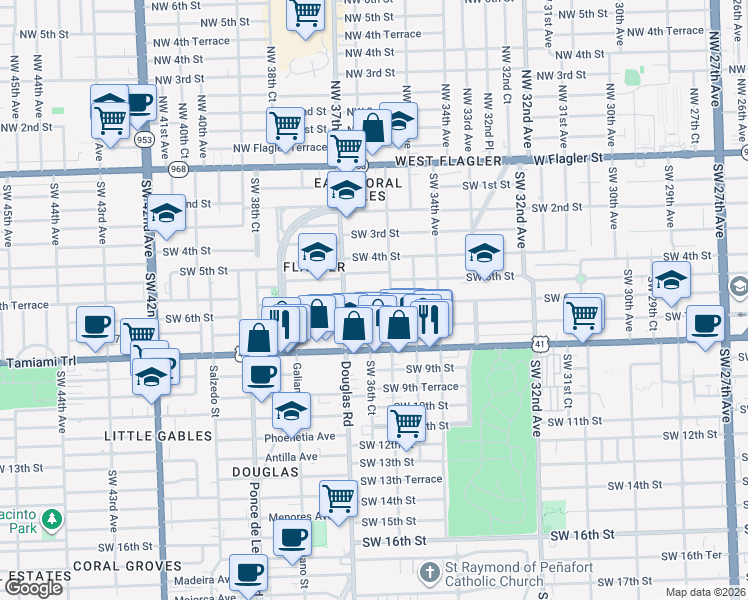 map of restaurants, bars, coffee shops, grocery stores, and more near 3674 Southwest 5th Terrace in Miami