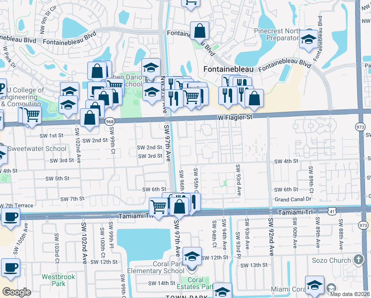 map of restaurants, bars, coffee shops, grocery stores, and more near 225 Southwest 96th Court in Miami