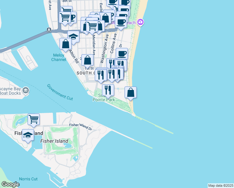 map of restaurants, bars, coffee shops, grocery stores, and more near 100 South Pointe Drive in Miami Beach