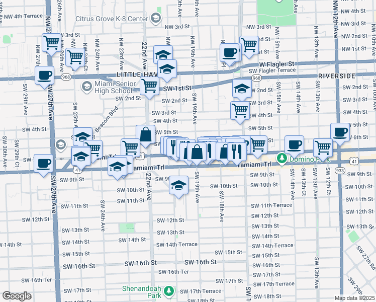 map of restaurants, bars, coffee shops, grocery stores, and more near 1938 Southwest 6th Street in Miami