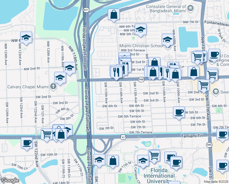 map of restaurants, bars, coffee shops, grocery stores, and more near 11460 Southwest 1st Street in Miami