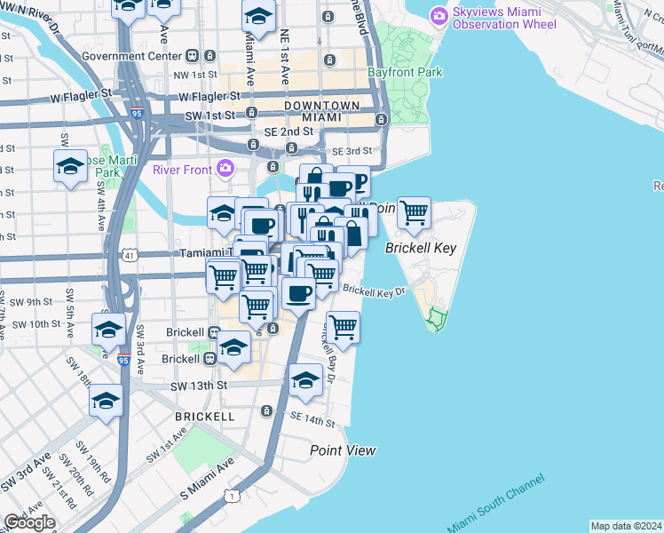 map of restaurants, bars, coffee shops, grocery stores, and more near 701 Brickell Avenue in Miami