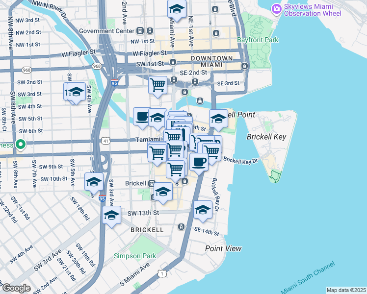 map of restaurants, bars, coffee shops, grocery stores, and more near 3 Southwest 8th Street in Miami