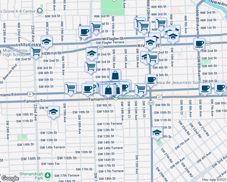 map of restaurants, bars, coffee shops, grocery stores, and more near 1521 Southwest 7th Street in Miami