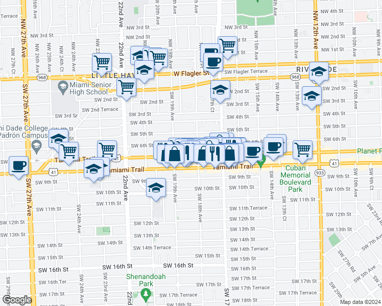 map of restaurants, bars, coffee shops, grocery stores, and more near 619 Southwest 18th Avenue in Miami