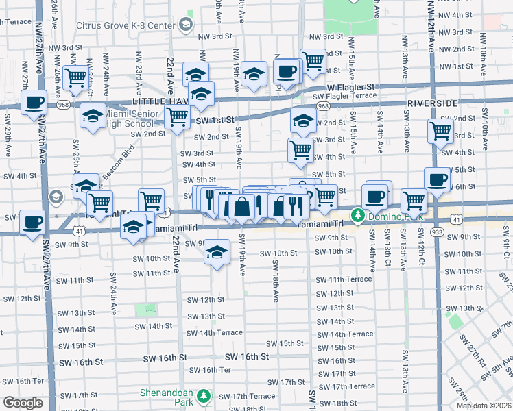 map of restaurants, bars, coffee shops, grocery stores, and more near 1880 Southwest 6th Street in Miami