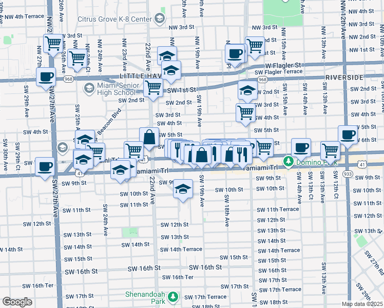 map of restaurants, bars, coffee shops, grocery stores, and more near 1938 Southwest 6th Street in Miami