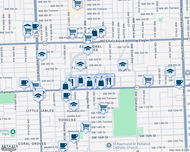 map of restaurants, bars, coffee shops, grocery stores, and more near 3674 Southwest 5th Terrace in Miami